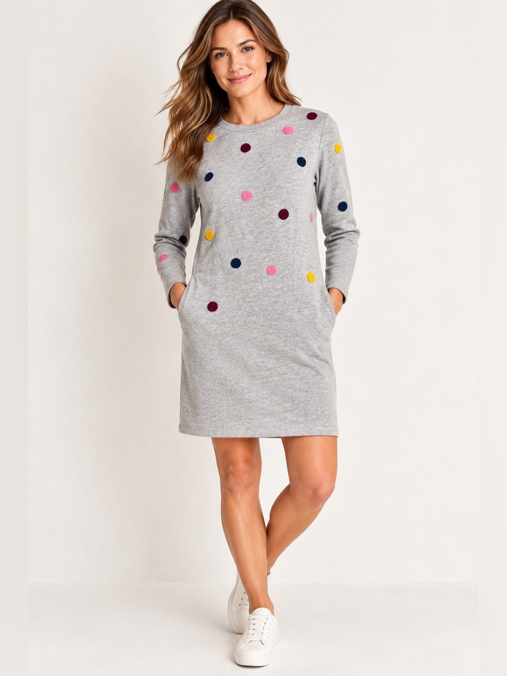 Boden Embroidered Dot Gray Cotton Jersey Tunic Dress Colorful Whimsical 8R